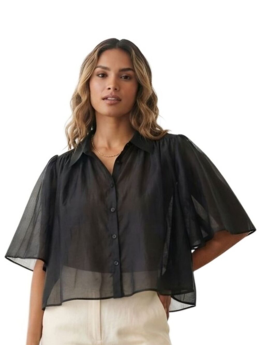 House Of Harlow Black Organza Like Flowy Cropped Blouse Sheer Size L